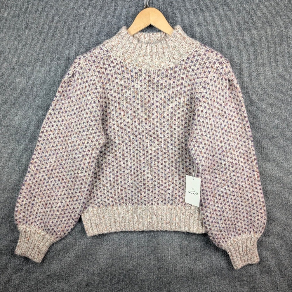 CeCe Womens Sweater L Thick Heavyweight Mock Neck Puff Sleeve Wool Blend Knit